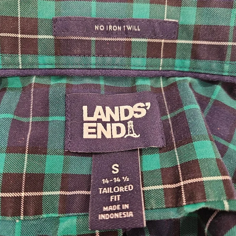 Lands'End No IronTwill long-sleeve button-down shirt green and blue plaid Small
